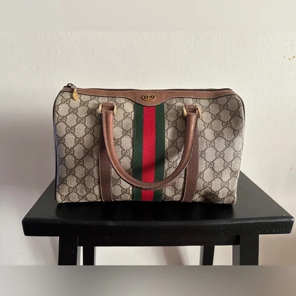 GUCCI Boston Bag $1295 Monogram Canvas, Dark Brown Leather Trim & Green-Red Web - Picture 3 of 17
